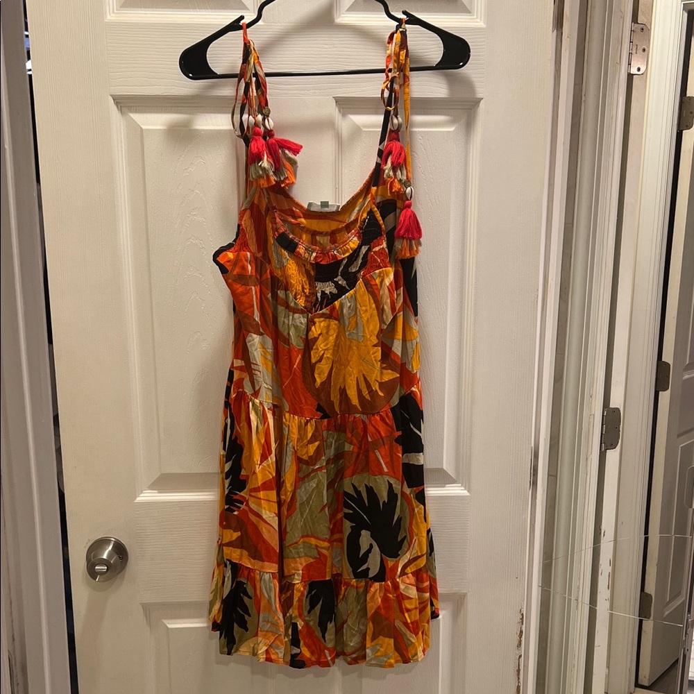 Tropical Orange and Black Tassel Strap Dress